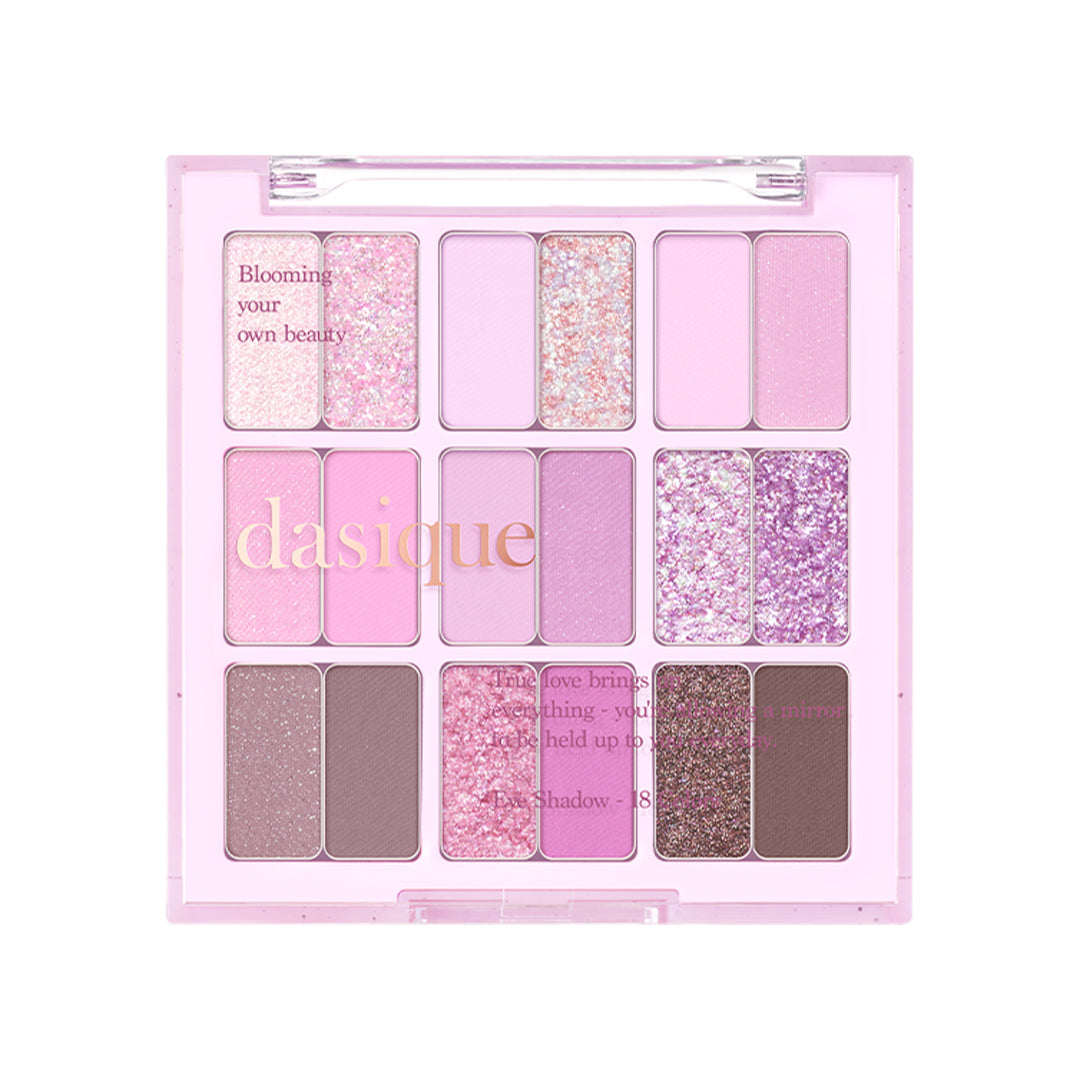 dasique Eyeshadow Palette 18 Berry Smoothie with eighteen pink, purple and glitter pans