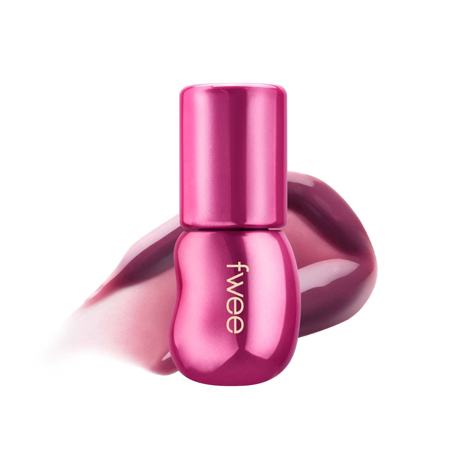 fwee 3D Voluming Gloss Taro 70% in a pink bottle with a mauve gloss swatch