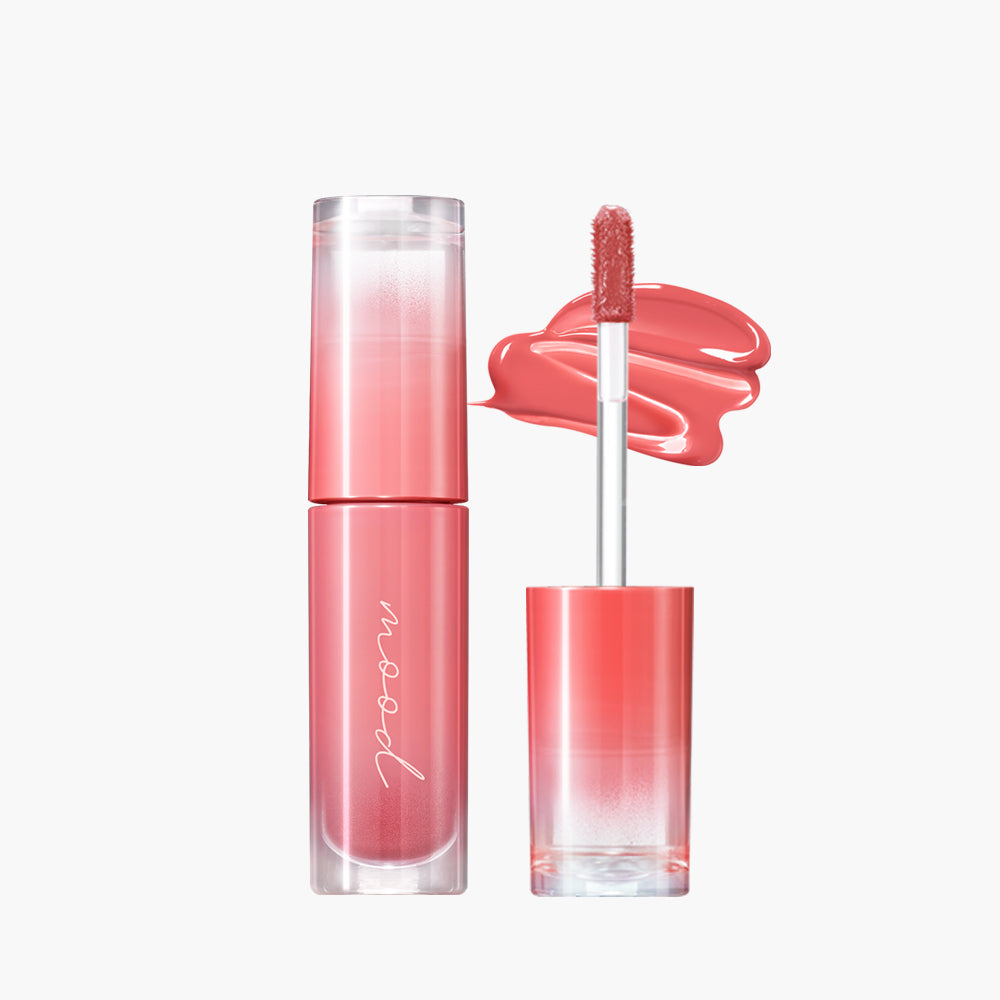 Peripera Ink Mood Glowy Tint in 03 Rose in Mind with applicator and glossy color swatch