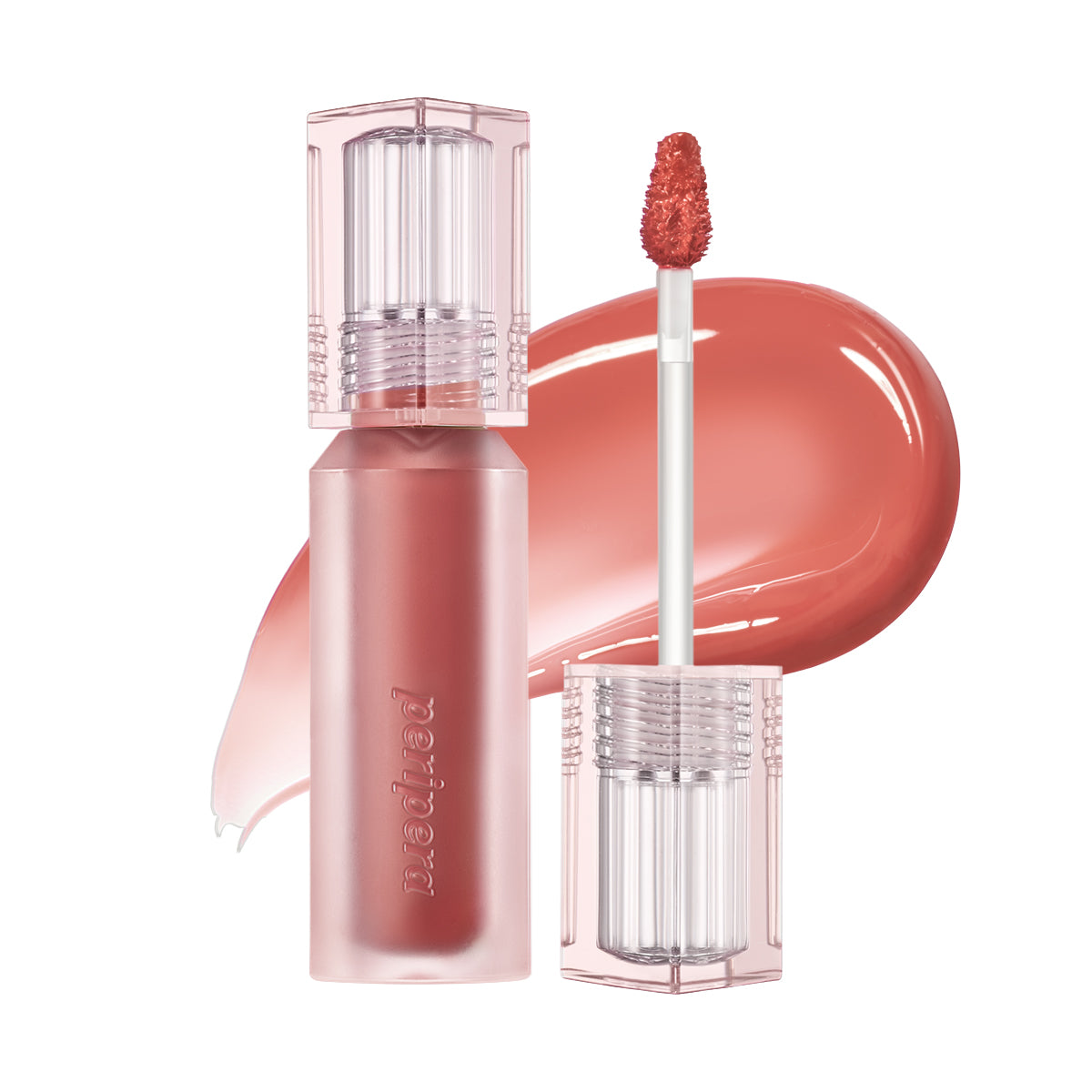 Peripera Water Bare Tint in 02 Universal Coral with applicator and glossy color swatch