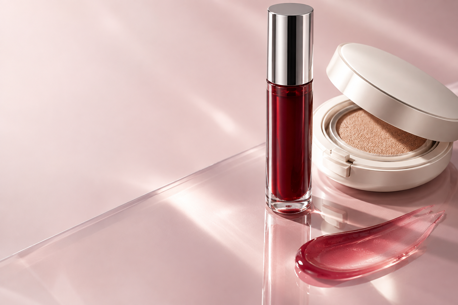 Cherry lip colour and an ivory compact arranged on a blush studio surface