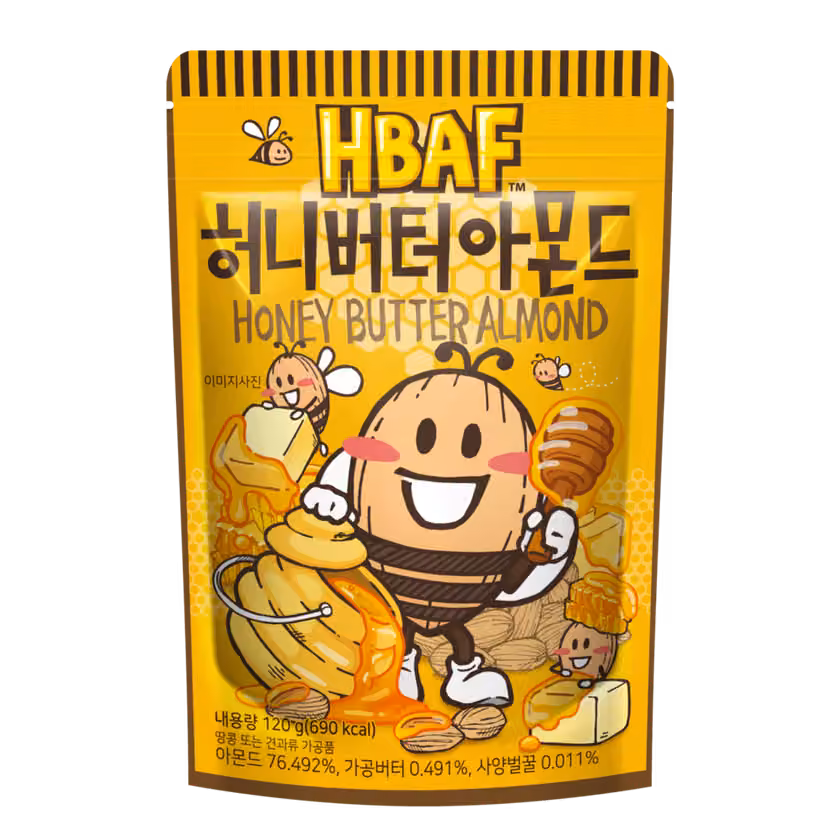 Official HBAF product photograph of a yellow 120 g Honey Butter Almond pouch.