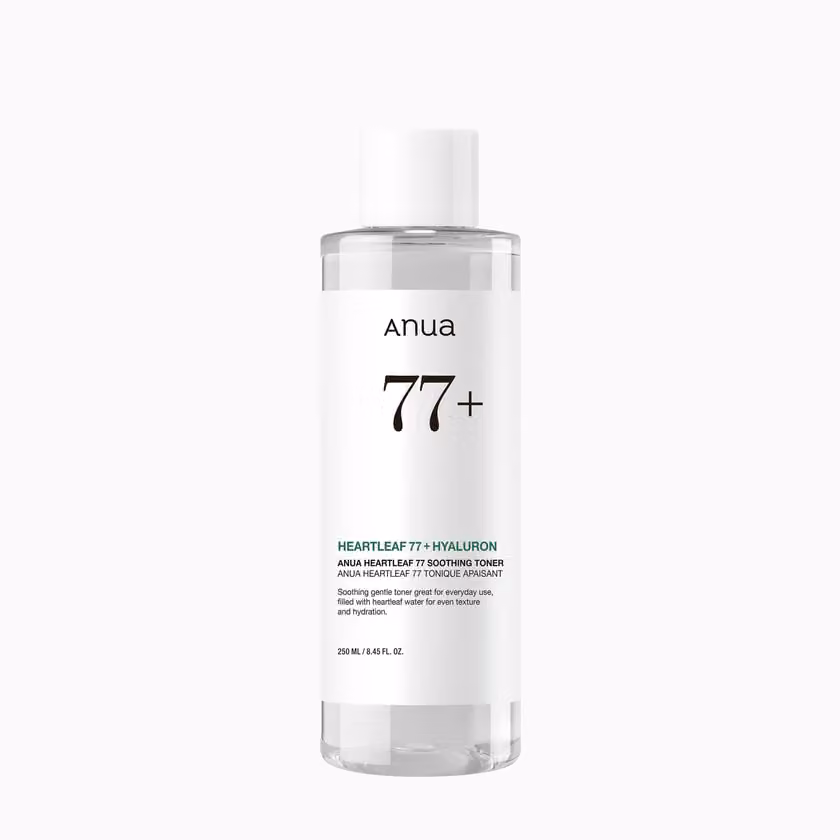 Official Anua Heartleaf 77 Soothing Toner image showing a 250 mL bottle. Cleansing oil is not pictured.