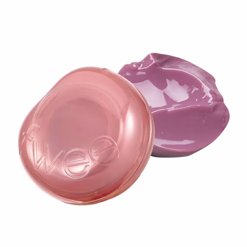 fwee Glowy Jelly Pot JN01 Lavender Whip with pink lid and a creamy lavender jelly swatch