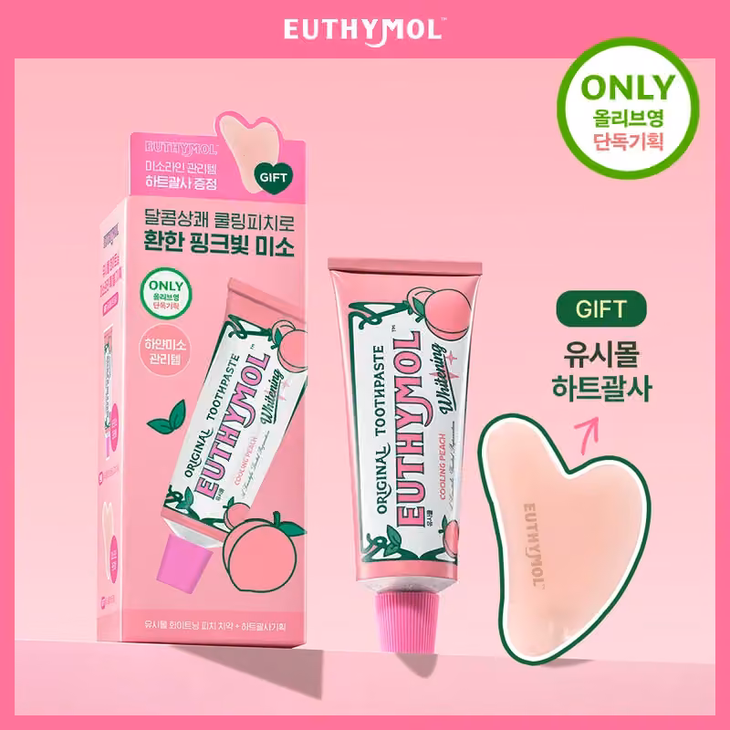 EUTHYMOL Peach Whitening Toothpaste 106g · Heart Gua Sha set — Olive Young product photograph