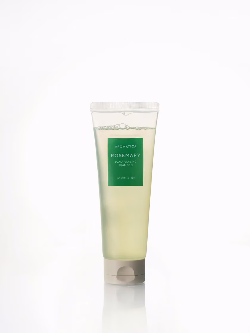Official Aromatica Rosemary Scalp Scaling Shampoo image showing a transparent 180 mL tube.