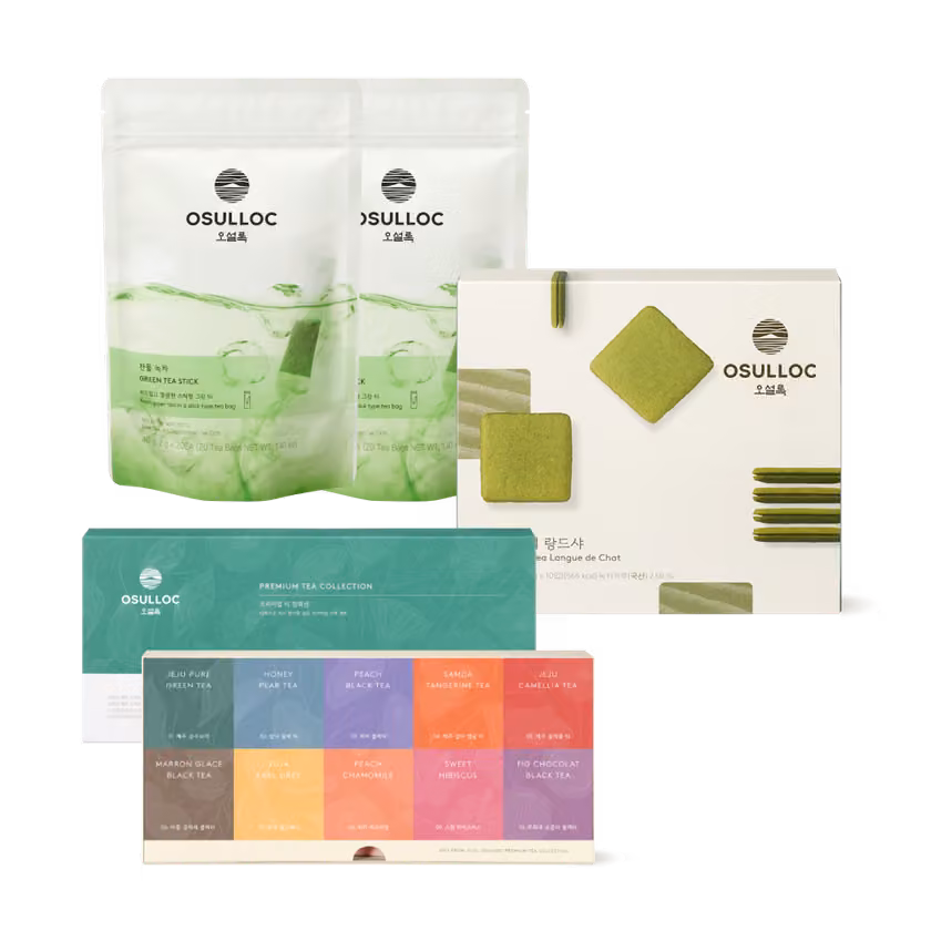 Official Osulloc photograph of the Tea Time Best assortment with tea bags, green tea sticks and green tea langue de chat.
