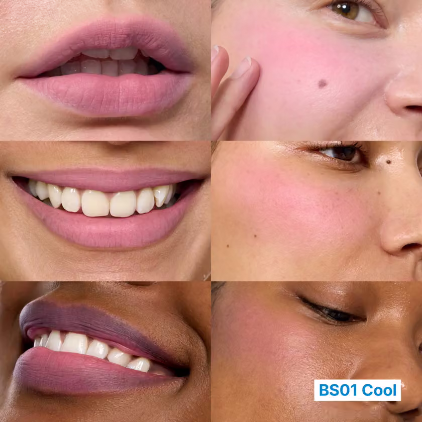 BS01 Cool lip and cheek swatches on three skin tones