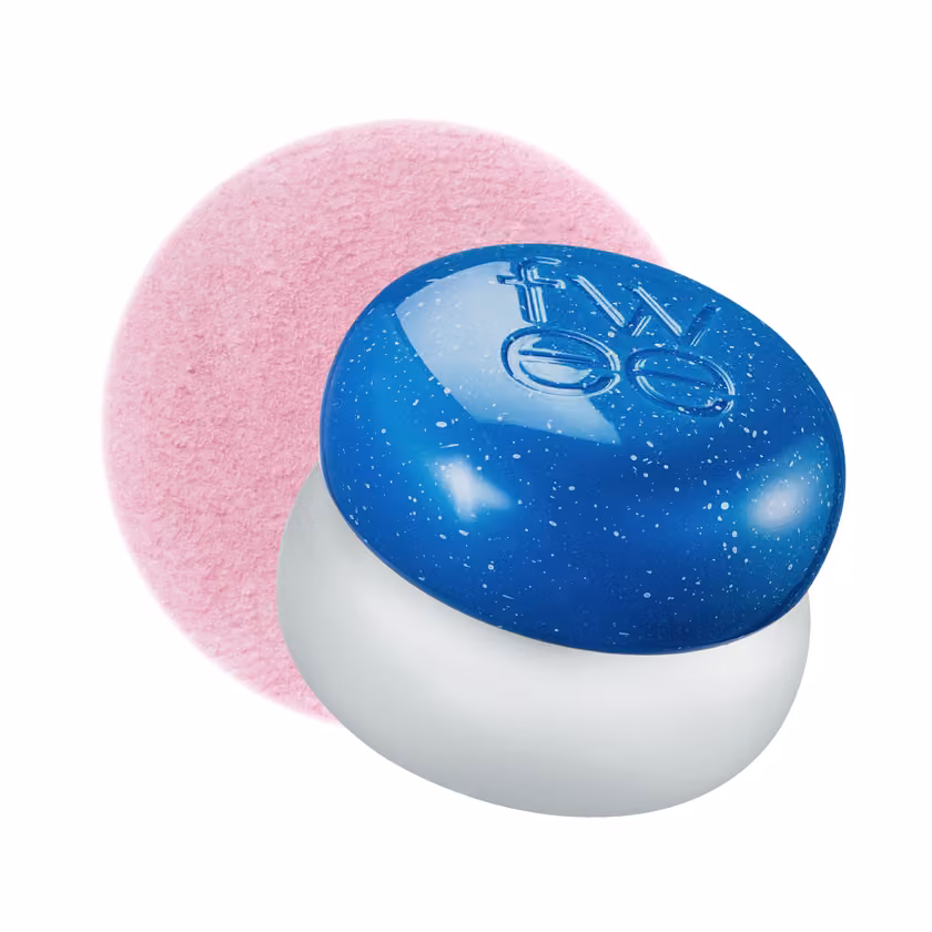 fwee Blurry Pudding Pot BS01 Cool with blue lid and lavender-pink texture swatch