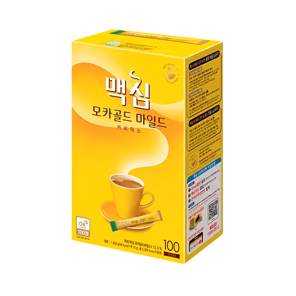 Official Maxim Mocha Gold Mild Coffee Mix product image showing a yellow box marked 100 sticks.
