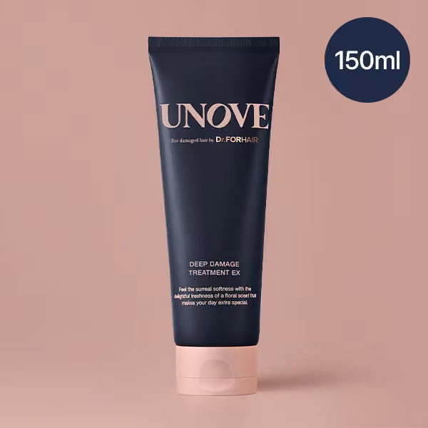 Official UNOVE Deep Damage Treatment EX image showing a dark tube with a pink cap and a 150 mL label.