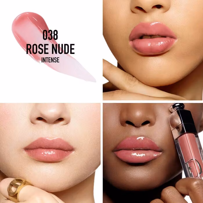 Dior Addict Lip Maximizer — 038 Rose Nude, C031900038 colour swatch and lip application on three skin tones