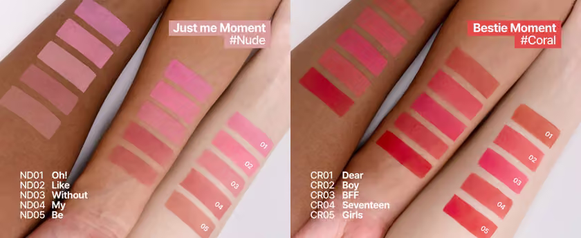 Blurry Pudding Pot nude and coral shade-family arm swatches