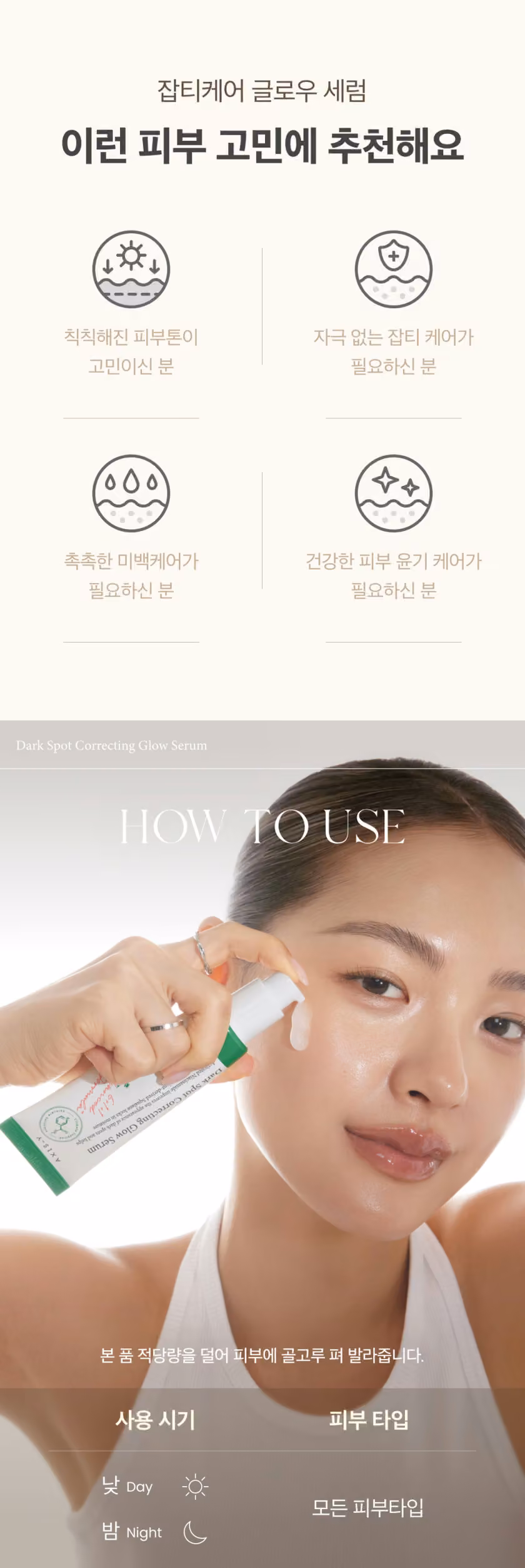 AXIS-Y Dark Spot Correcting Glow Serum: suitable skin concerns and application instructions