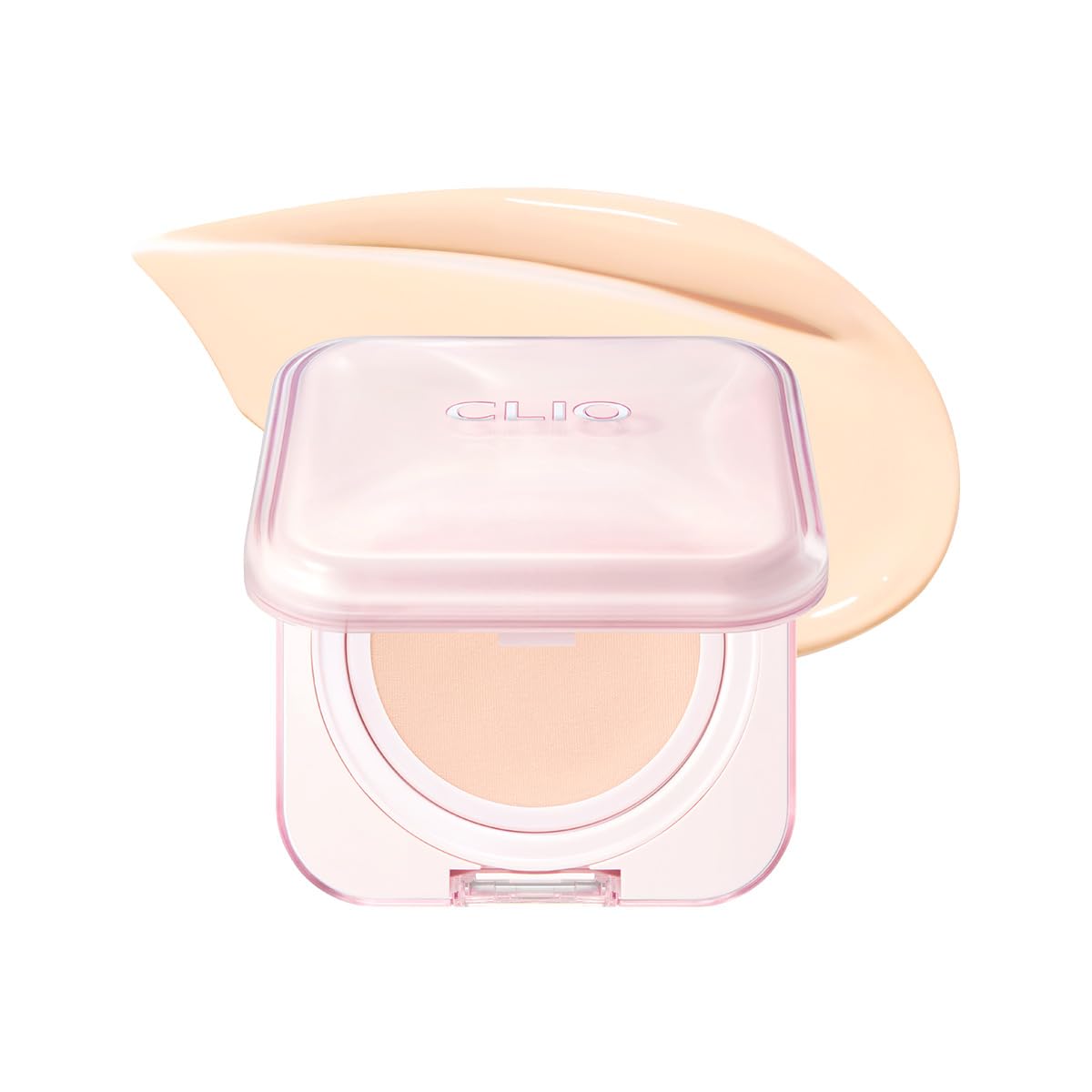 Official CLIO Kill Cover Mesh Glow Essential Cushion image with a pink compact and foundation swatch.