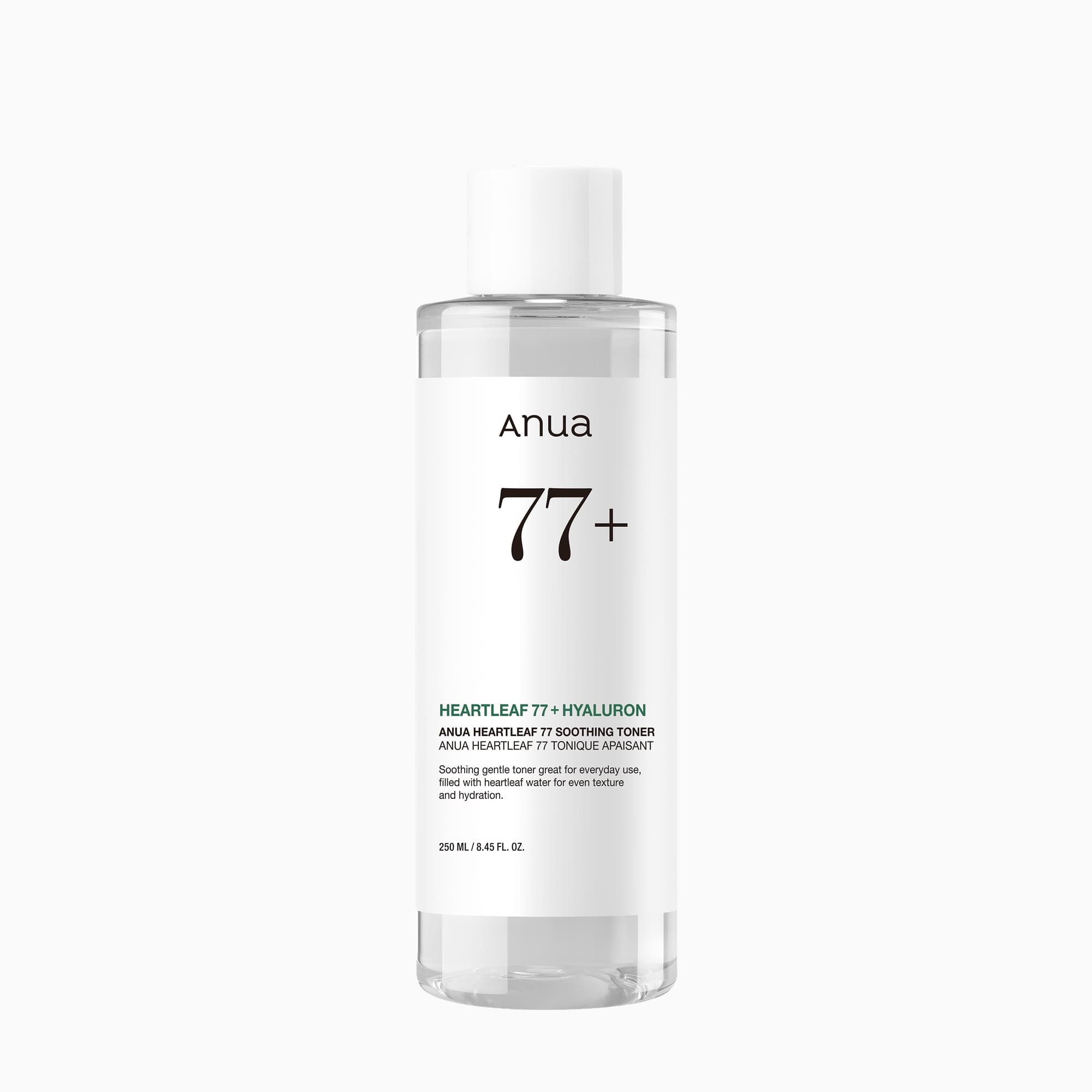 Official Anua Heartleaf 77 Soothing Toner image showing a 250 mL bottle. Cleansing oil is not pictured.