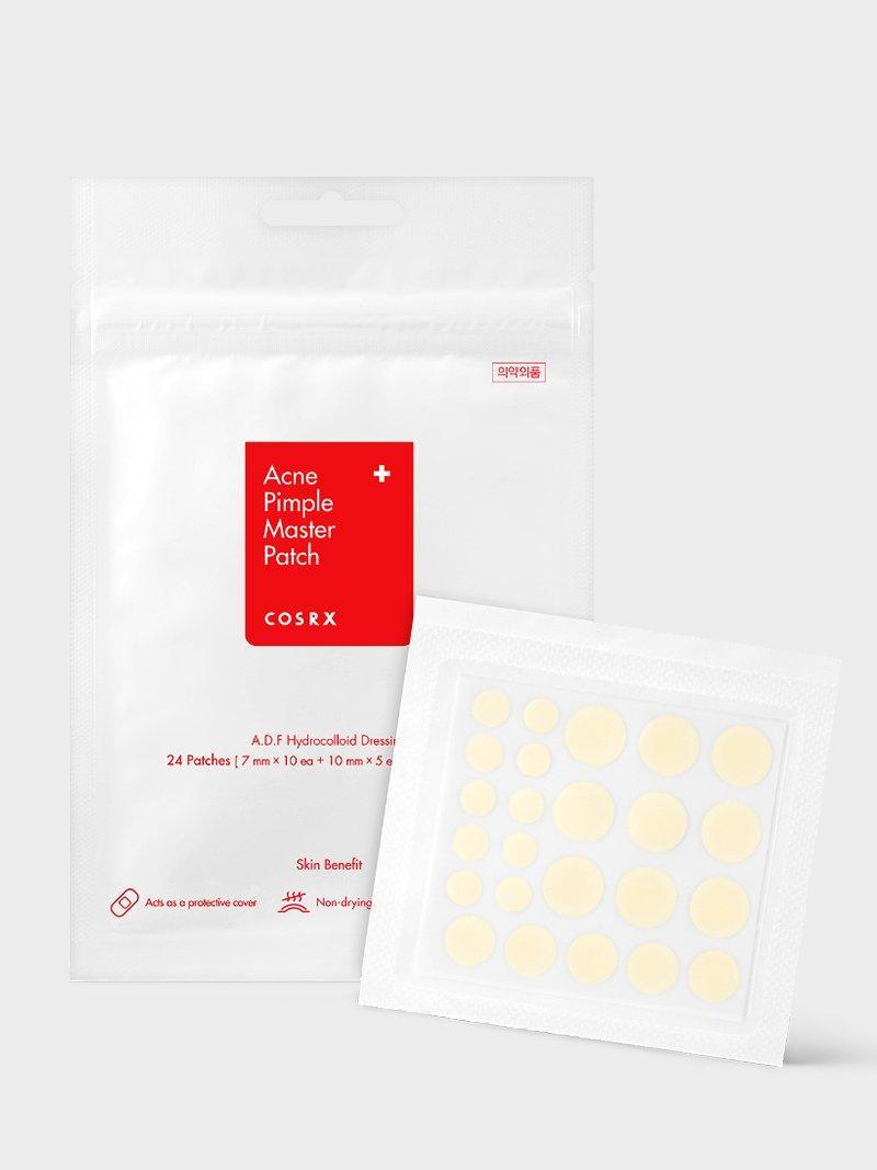 Official COSRX Acne Pimple Master Patch image showing a pouch and a sheet of patches. Serums are not pictured.