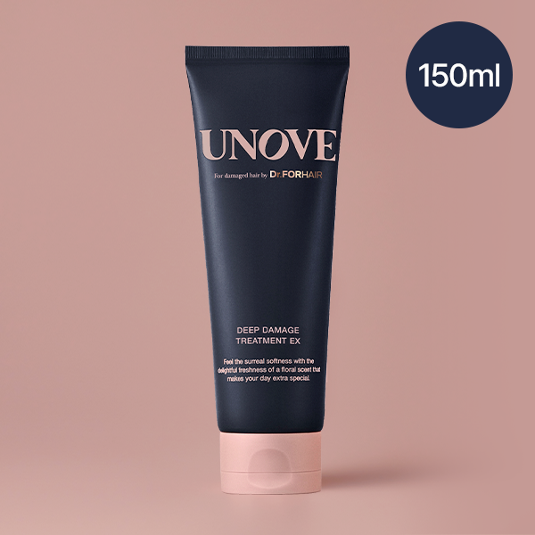 Official UNOVE Deep Damage Treatment EX image showing a dark tube with a pink cap and a 150 mL label.
