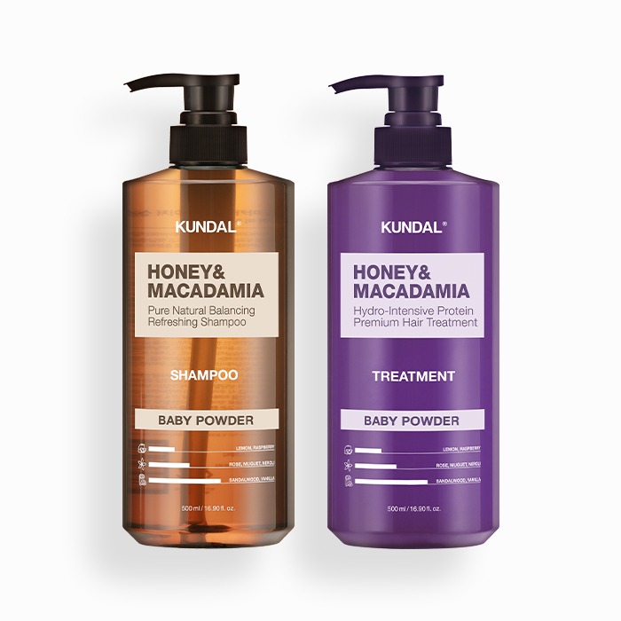 Official Kundal Honey and Macadamia Shampoo and Treatment set image showing Baby Powder bottles, 500 mL each.