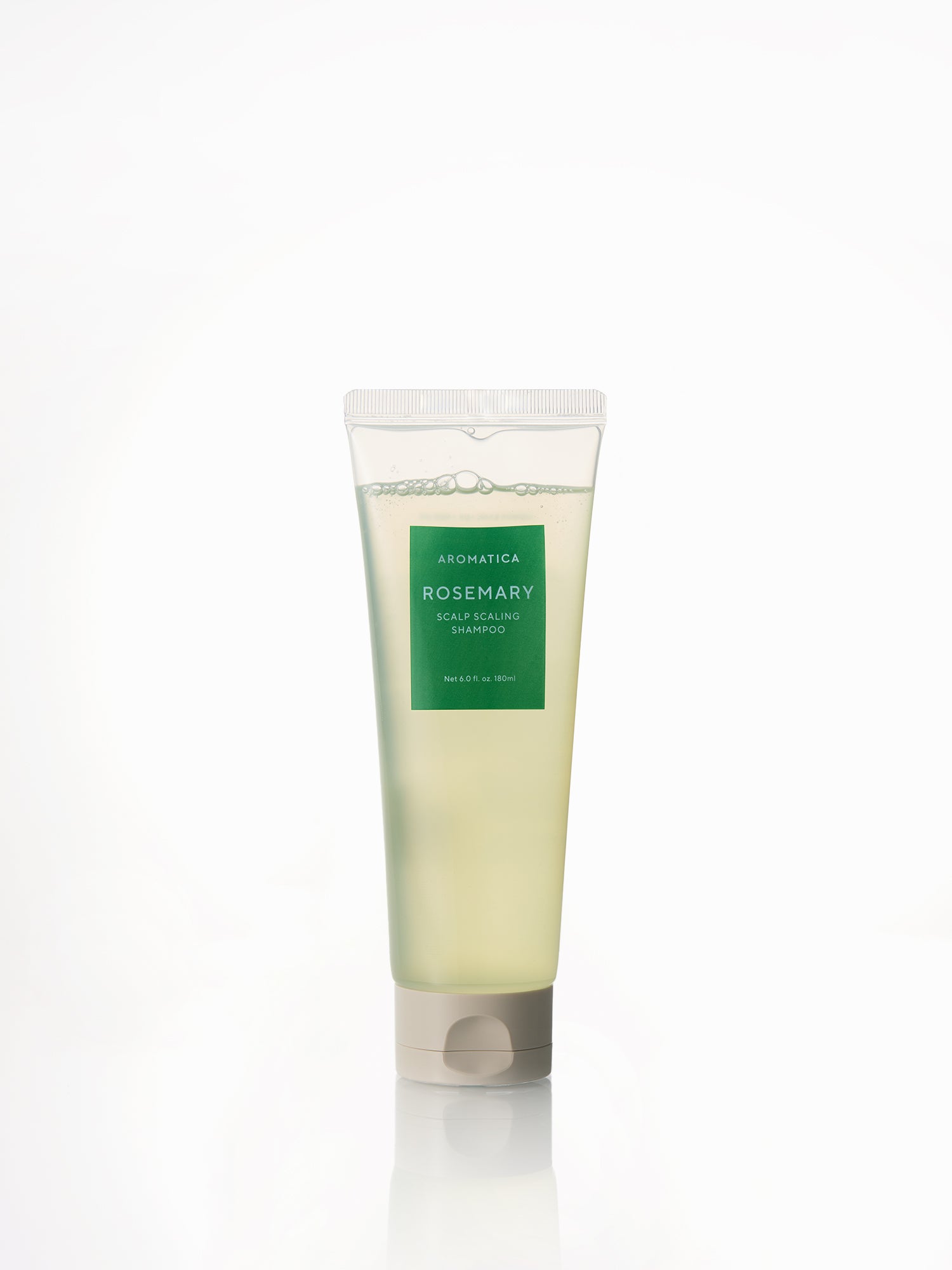 Official Aromatica Rosemary Scalp Scaling Shampoo image showing a transparent 180 mL tube.