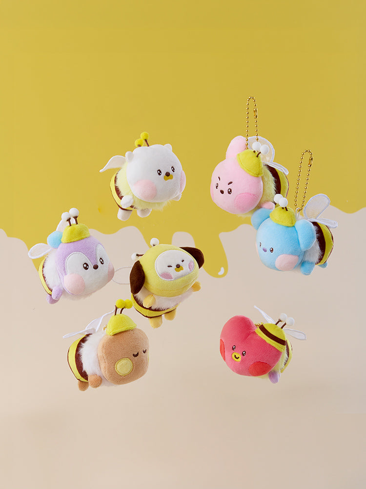 Official LINE FRIENDS SQUARE photograph of BT21 mini minini Honey Bee plush keyrings.