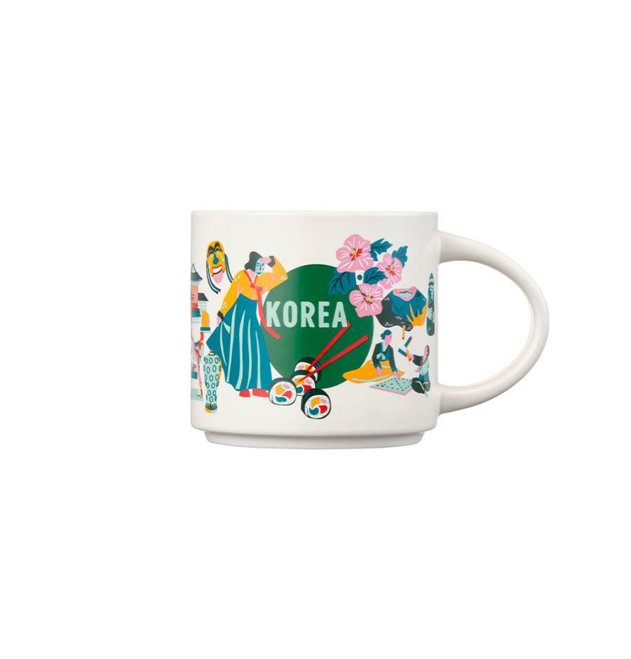 Official Starbucks Korea photograph of the Discovery Korea Mug with colorful Korean cultural illustrations.