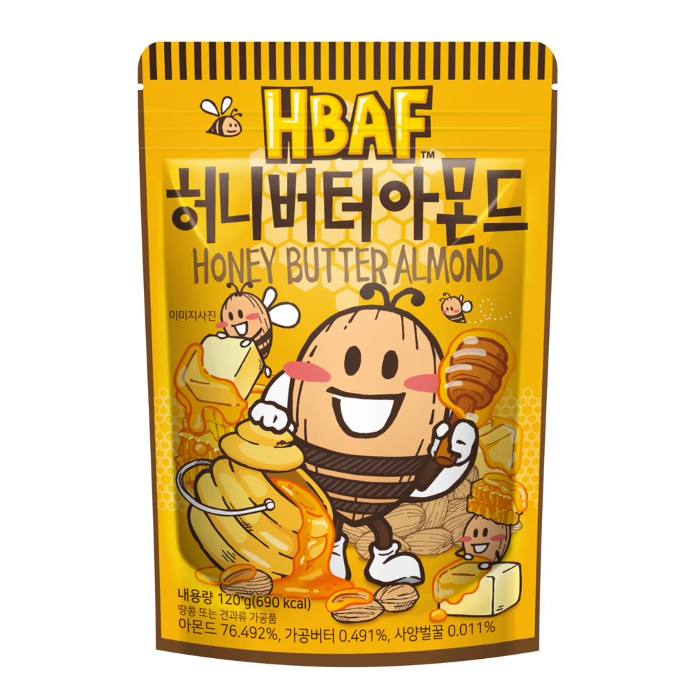 Official HBAF product photograph of a yellow 120 g Honey Butter Almond pouch.