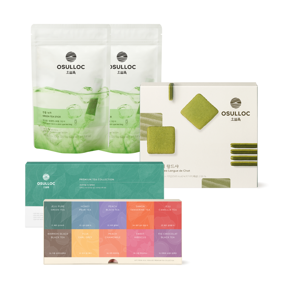 Official Osulloc photograph of the Tea Time Best assortment with tea bags, green tea sticks and green tea langue de chat.