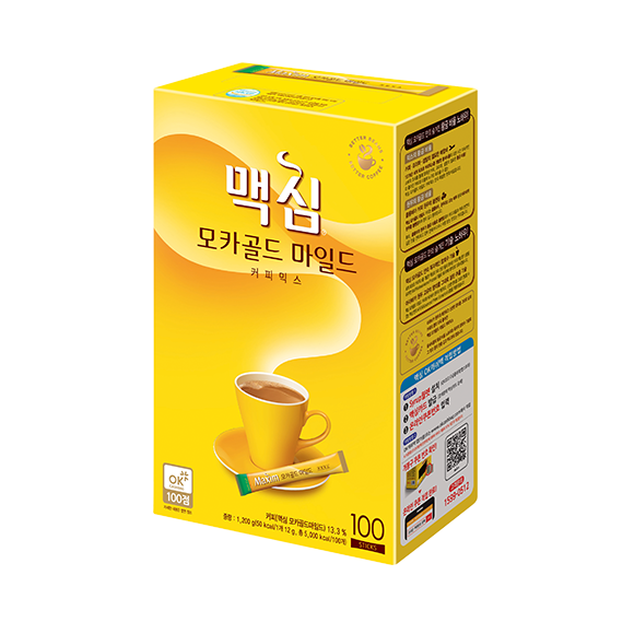 Official Maxim Mocha Gold Mild Coffee Mix product image showing a yellow box marked 100 sticks.