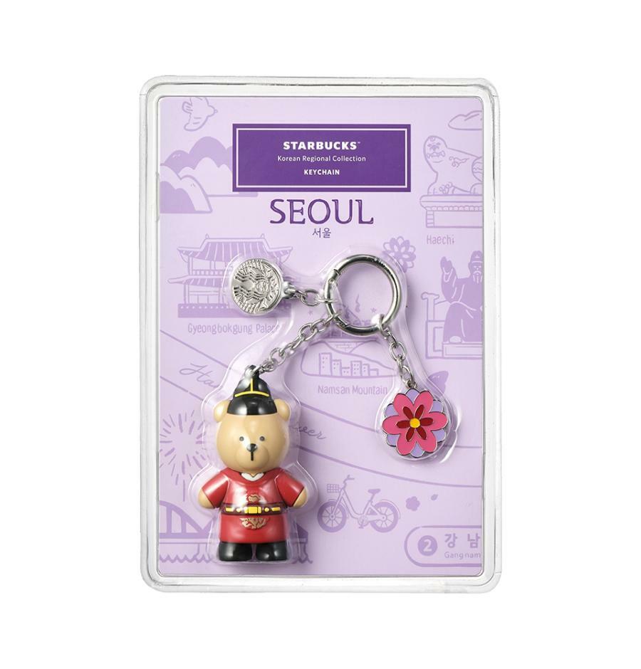 Starbucks Annyeong Seoul Bearista keychain — complete retail packaging
