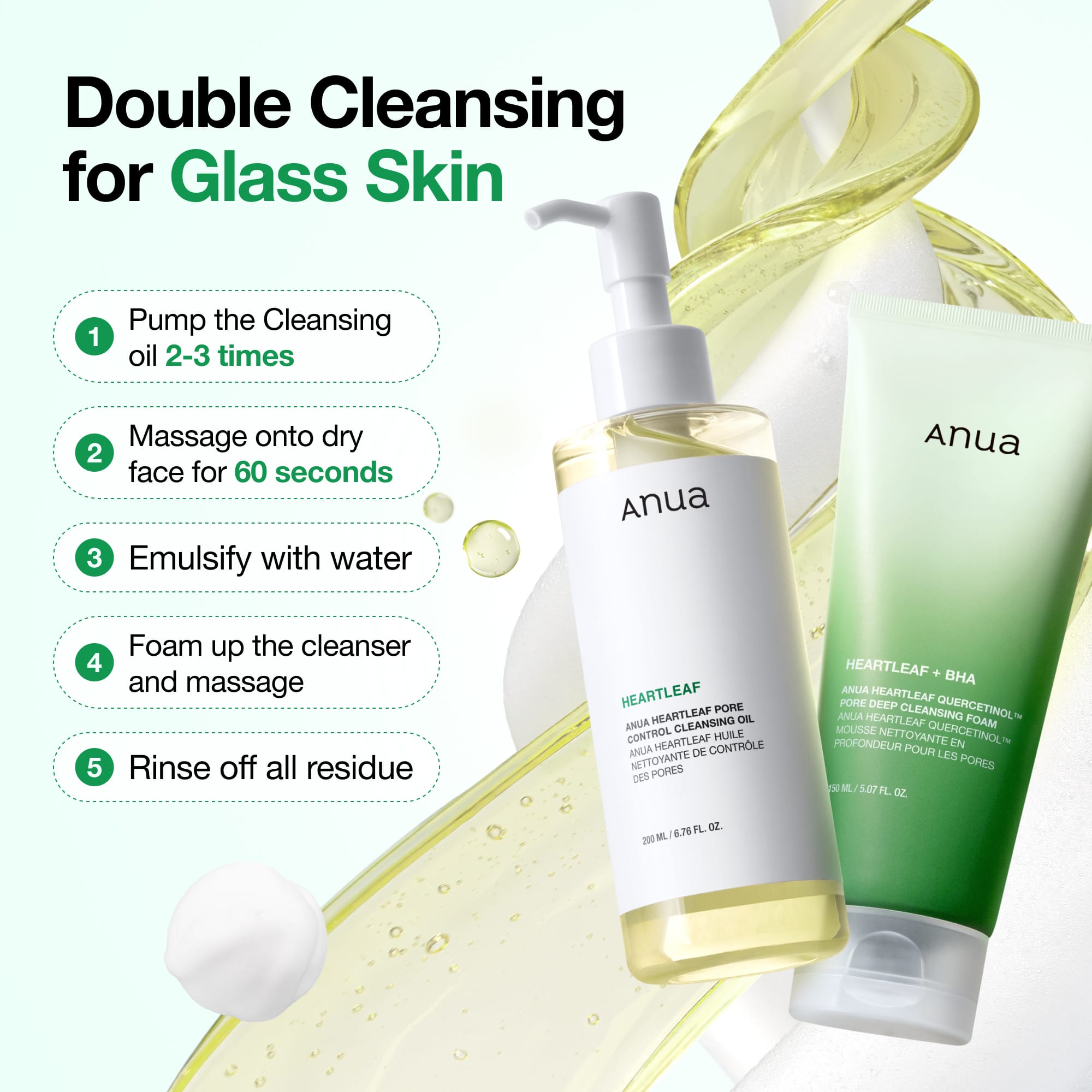 Five-step double-cleansing panel; foam cleanser is a separate companion product.