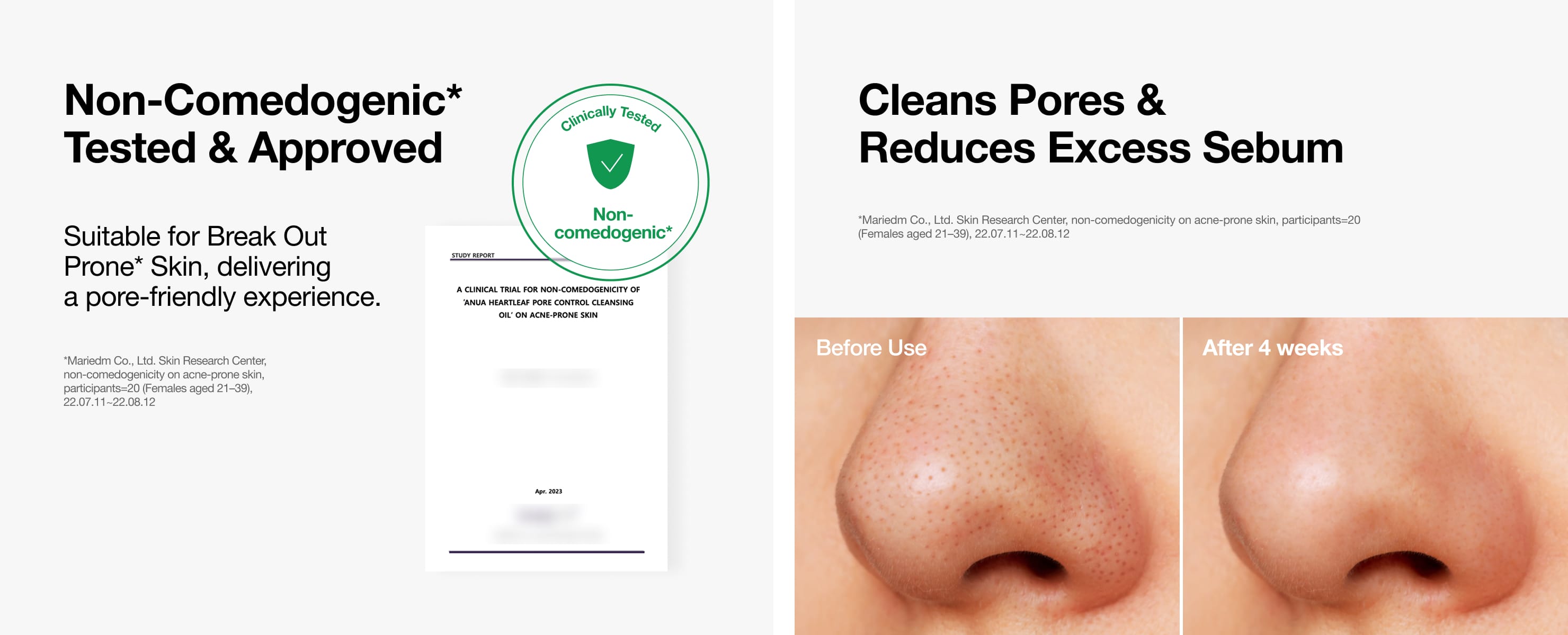 Four-week pore photographs and non-comedogenic study-cover panel.
