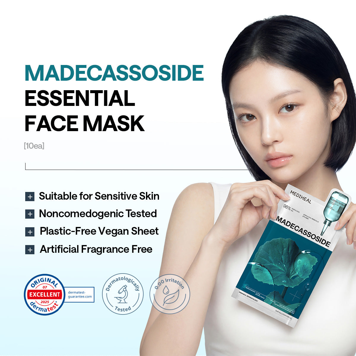 Model with the mask and official sheet/formula testing labels.