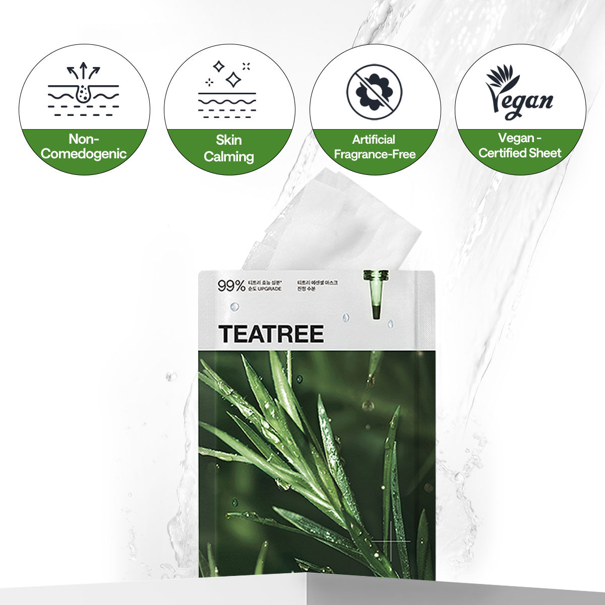 Vegan-sheet, artificial-fragrance-free and noncomedogenic product declarations.