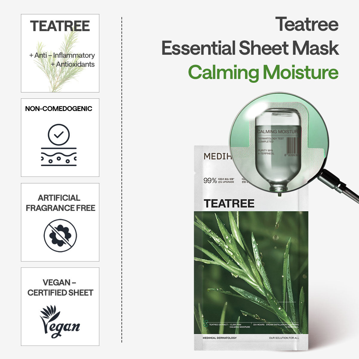 Tea-tree ingredient and mask feature panel.