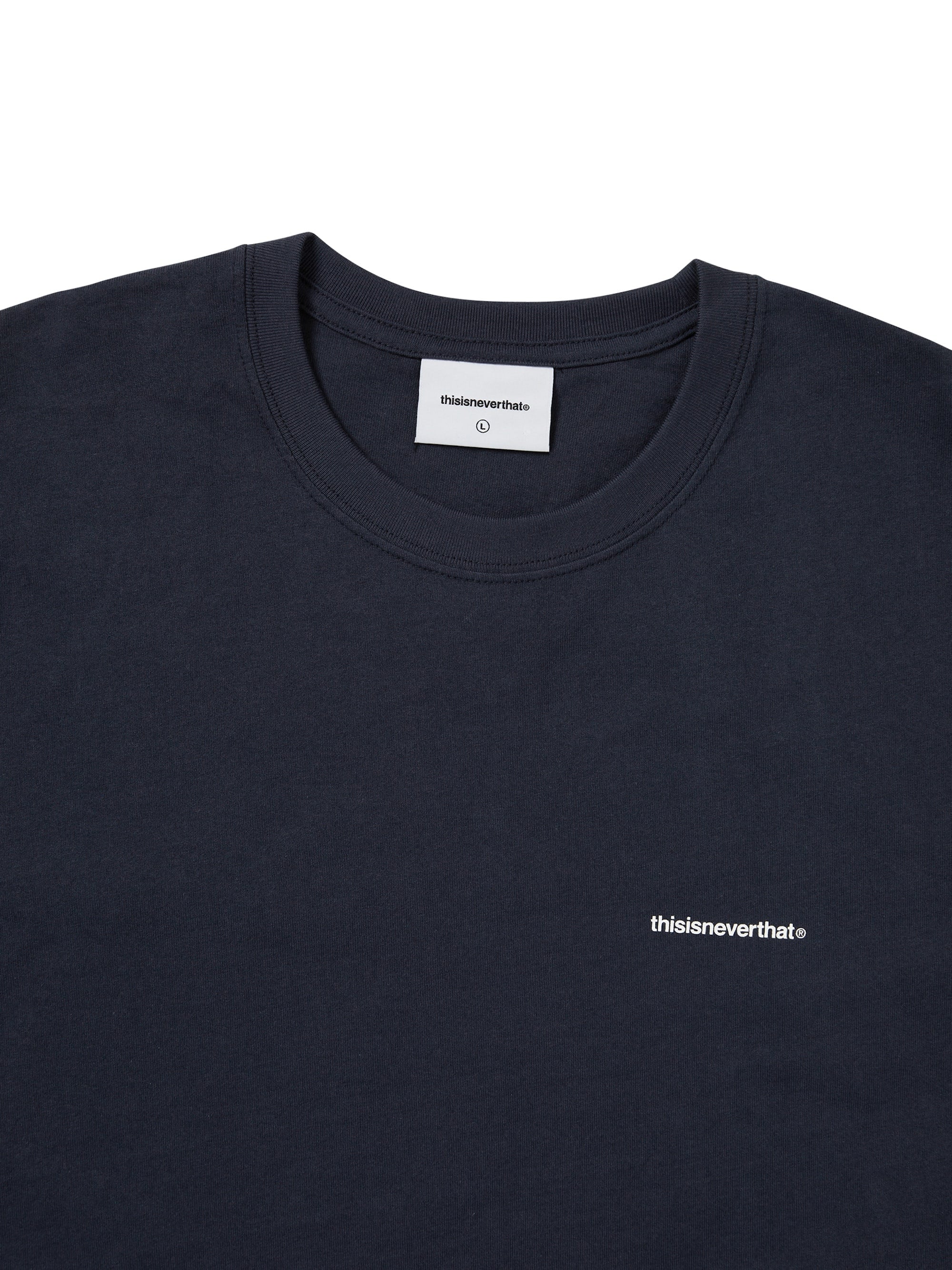 Neckline, label and chest print of the navy thisisneverthat Small T-Logo Tee