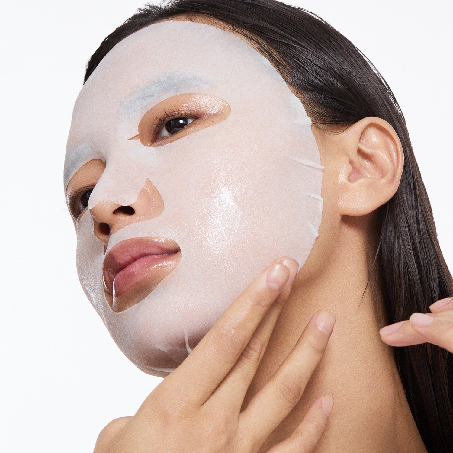 Model wearing the fitted mask sheet.