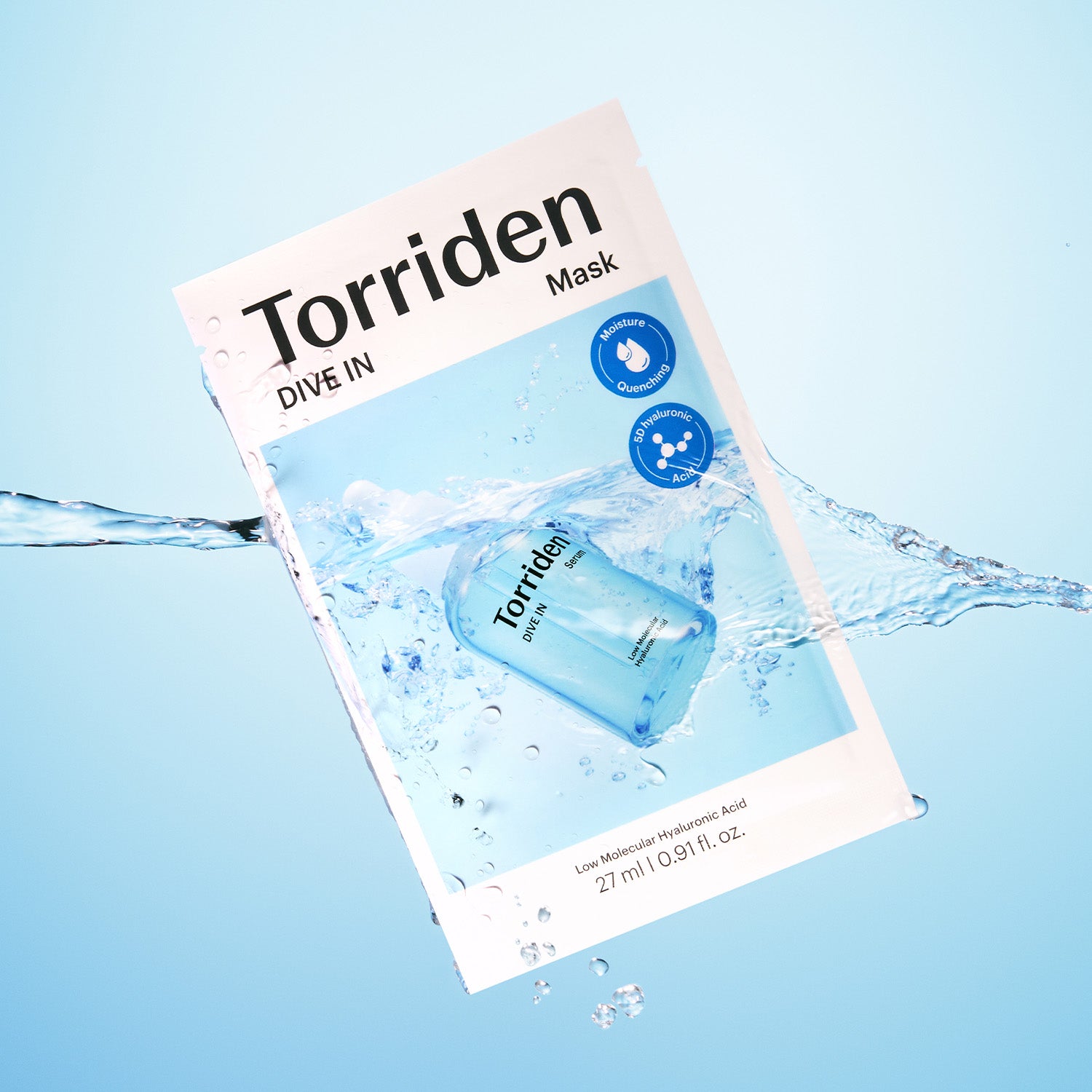 Single mask sachet with a water splash.