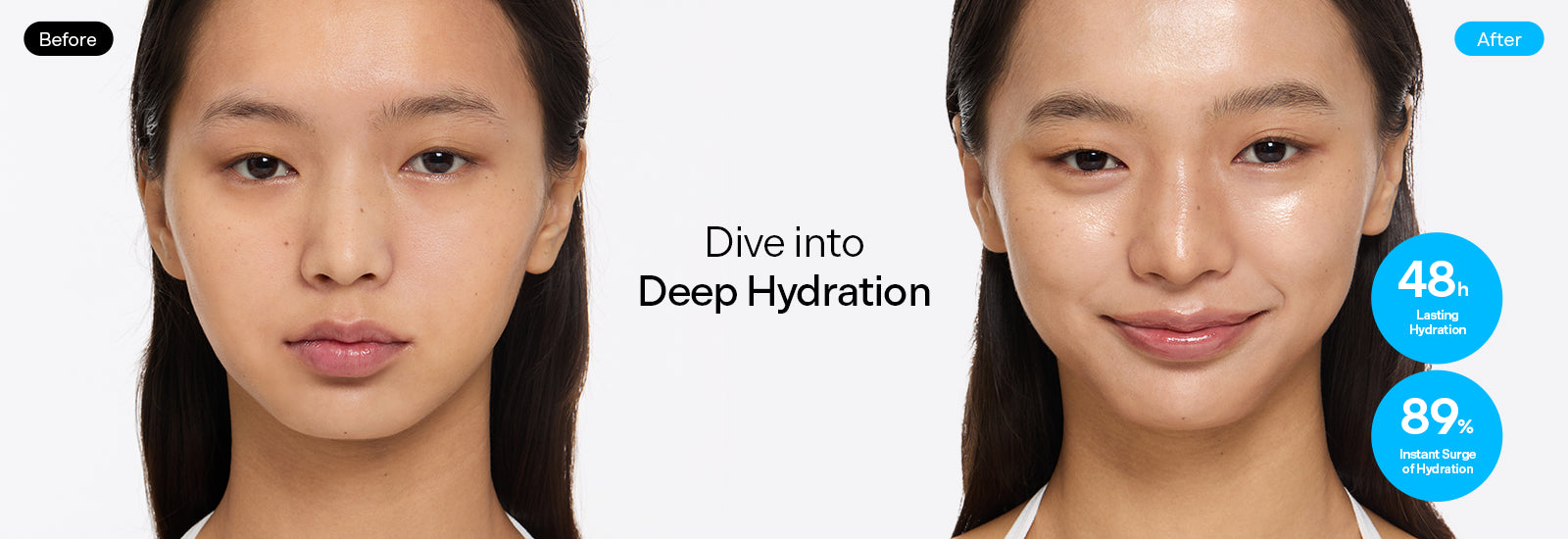 Brand before/after skin-finish comparison with 48-hour and rounded 89% hydration claims.