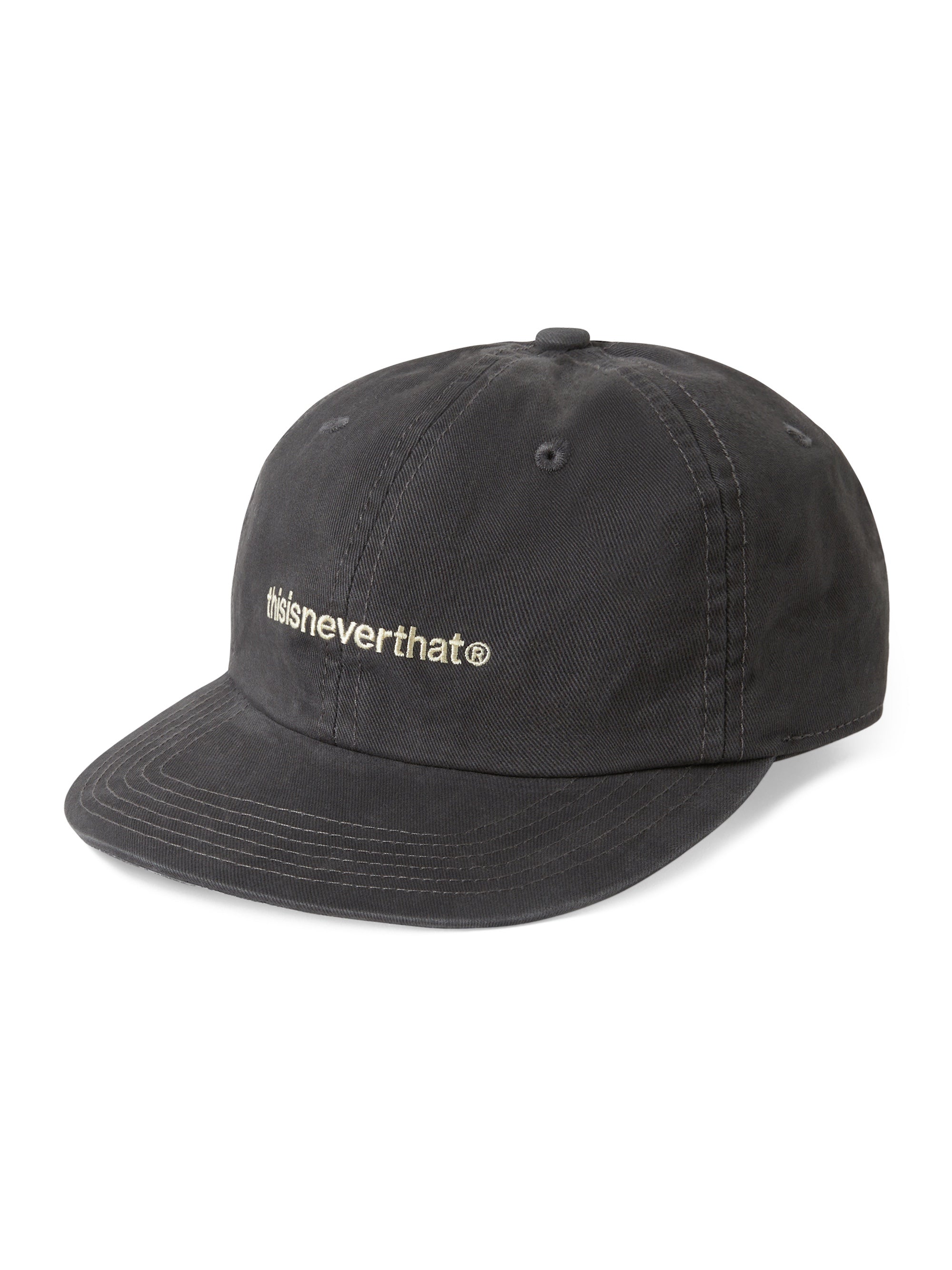 thisisneverthat Washed T-Logo Cap in charcoal, angled view