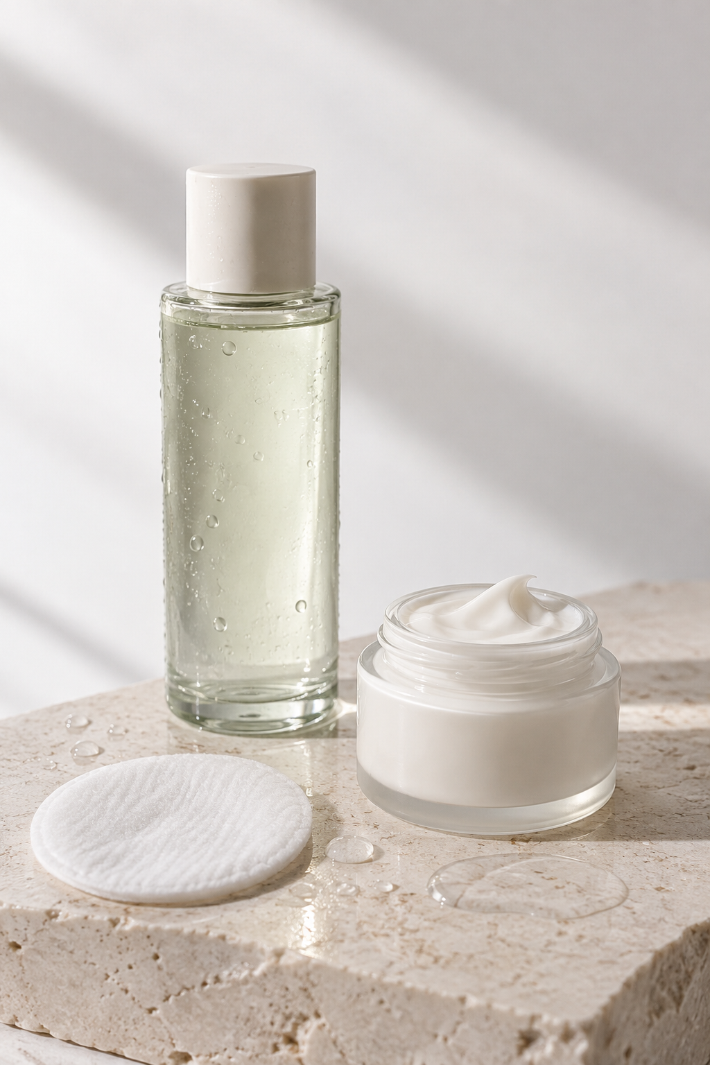 A clear skincare bottle, cream jar and cotton pad in soft daylight